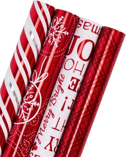 WRAPAHOLIC Juego de papel de regalo de Navidad de 30 pulgadas, rollo jumbo con diseño navideño rojo y blanco con brillo metálico, 4 rollos, 30 x 120