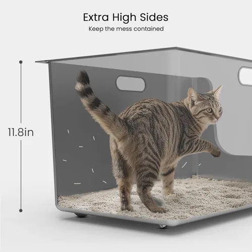 Miniatura 7 de Caja de arena de acero inoxidable con lados altos de 11.8 pulgadas, caja de arena de metal XL para gatos con entrada baja curva, bandeja de arena