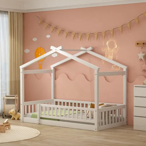 Miniatura 24 de Quarte Cama de madera de tamaño individual con valla y puerta, cama de madera en el suelo para niños y niñas, fácil montaje (gris lavado/valla y D1)