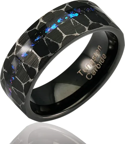 100S JEWELRY Anillo de tungsteno negro rústico para hombre con diseño de galaxia y nebulosa de Orión, acabado martillado, alianza de boda y