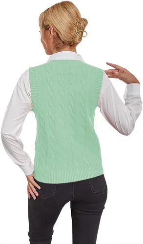 Miniatura 4 de Fisoew Chaleco de punto vintage sin mangas con cuello en V para mujer, estilo preppy casual