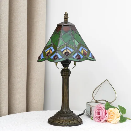 Miniatura 5 de Lámpara de mesa pequeña Tiffany verde de vidrio teñido con cola de pavo real para dormitorio, estilo retro, decoración única, linda y divertida