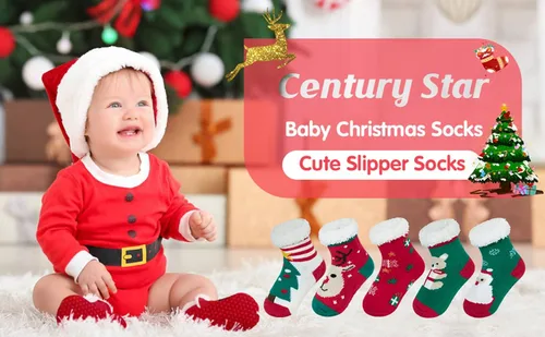 Miniatura 4 de Century Star Calcetines de Navidad con agarres de algodón para niños pequeños, calcetines de invierno antideslizantes