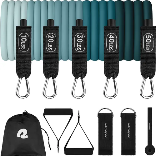Miniatura 8 de Retrospec Juego de Bandas de Resistencia para Entrenar - 5 Bandas Apilables, Asas y Anclaje de Puerta - Equipo de Fitness Portátil para Terapia