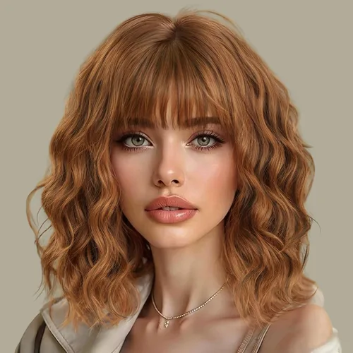 Miniatura 35 de AISI HAIR Peluca Bob Sintética Rizada y Ondulada Marrón Natural con Flequillo para Mujeres, 21-23 Pulgadas Marrón oscuro