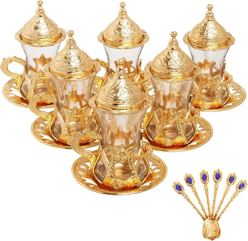 Miniatura 8 de Alisveristime Juego de 6 vasos de té turco hechos a mano Zamzam para servir vasos platillo y cuchara (negro)