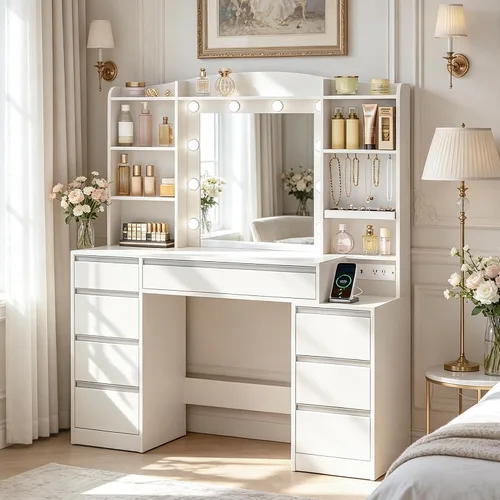 Miniatura 9 de HEXCELEN Tocador Grande de 47.2 Pulgadas con Espejo, Tocador con Luz LED, Tocador de Maquillaje con Regleta de Enchufes, 8 Cajones y 8 Estantes
