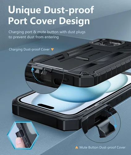 Miniatura 5 de FNTCASE Funda para iPhone 15 Plus: protección contra caídas Funda resistente con clip para cinturón y soporte de grado militar con textura mate TPU
