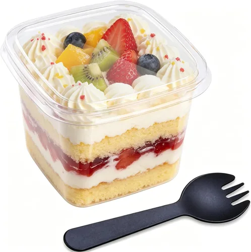 TOFLEN 50 tazas cuadradas de plástico para postres de 12 onzas con tapas y tenedores, vasos de plástico transparente para yogur, parfait para pudín,