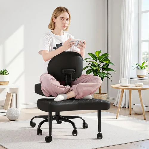 GUNJI Silla de oficina ergonómica con patas cruzadas, silla de meditación giratoria de 360° con ruedas, silla para TDAH con reposapiés, soporte Negro
