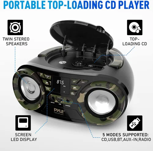 Miniatura 2 de Pyle Reproductor de CD portátil Bluetooth Boombox altavoz – Radio estéreo AM/FM y sonido de audio, compatible con CD-R-RW/MP3/WMA, USB, AUX