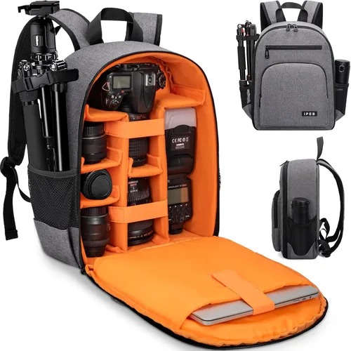 Miniatura 10 de Mochila para cámara DSLR/SLR/sin espejo, funda impermeable profesional para cámara de 11 x 5.9 x 15 pulgadas para fotógrafos, gris, negro, naranja