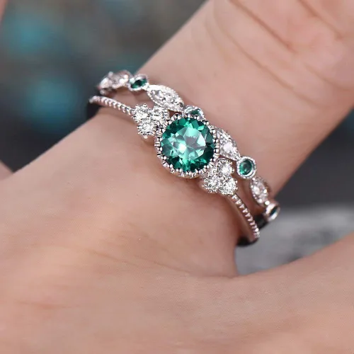 Fashion - Juego de 2 anillos de plata de ley 925 con esmeralda natural, corte redondo, circonita cúbica, anillo de compromiso clásico de eternidad,