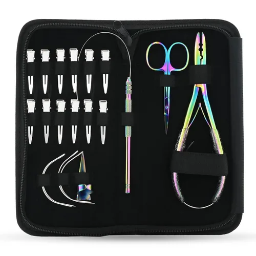 Miniatura 10 de El kit de herramientas de extensión de cabello incluye 2 alicates para prensar microeslabones con microcuentas, 12 clips de seccionamiento, Dorado
