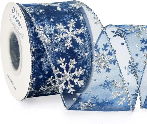 Miniatura 12 de Ribbli Cinta con alambre de purpurina de copo de nieve, organza dorada transparente con patrón de copo de nieve con purpurina dorada y borde
