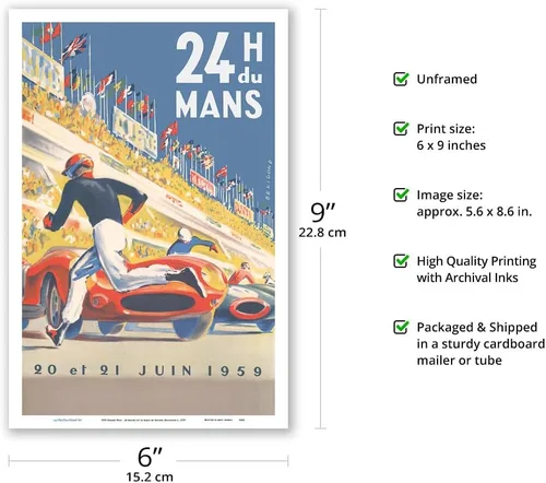 Miniatura 2 de 1959 Grand Prix - 24 horas de Le Mans Francia - Carreras de resistencia - Póster de carreras de coches vintage por Michel Bélignod c.1959
