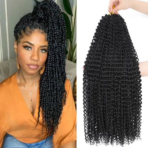 Miniatura 20 de Dansama - 7 paquetes de extensiones de cabello trenzado ondulado Passion Twist, extensiones de cabello de trenzas con ganchillo estilo mariposa, #1B