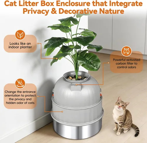 Miniatura 5 de Caja de arena oculta para gatos con planta artificial, muebles de acero inoxidable, maceta redonda decorativa incluye cuchara, guijarros, filtro