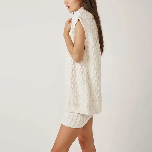 Miniatura 3 de NUFIWI Conjunto de dos piezas de punto para mujer, sin mangas, cuello alto, sin botones, ajustado, minifalda, conjunto a juego