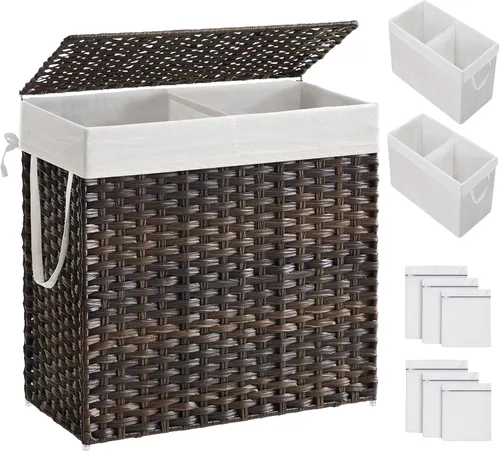 Miniatura 19 de SONGMICS Cesta de lavandería con tapa, cesta de ropa de 110 litros con 2 bolsas de forro extraíbles, 6 bolsas de malla, canasta de mimbre para Gris