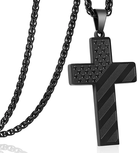 DuoDiner Collar de cruz de 24 pulgadas para hombres, niños, niños, versículo bíblico, colgante de bandera estadounidense, bautismo, joyería