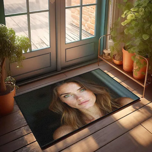 Door Mat Outdoor Entrance Funny A Woman with Long Brown Hair Looking Directly at The Camera. Doormat Rustic Kitchen Rugs Retro Decor(40X60CM)
