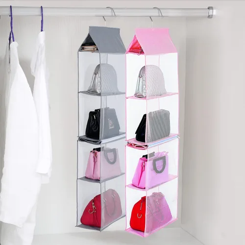 Miniatura 7 de KEEPJOY Organizador de bolso para armario, organizador de bolso colgante con 4 estantes de malla de alta resistencia (rosa)