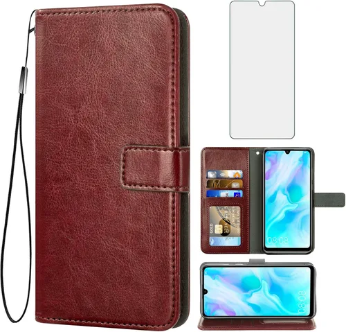 Asuwish Funda tipo cartera compatible con Huawei P30 Lite, protector de pantalla de vidrio templado y funda de cuero con tapa para tarjetero,