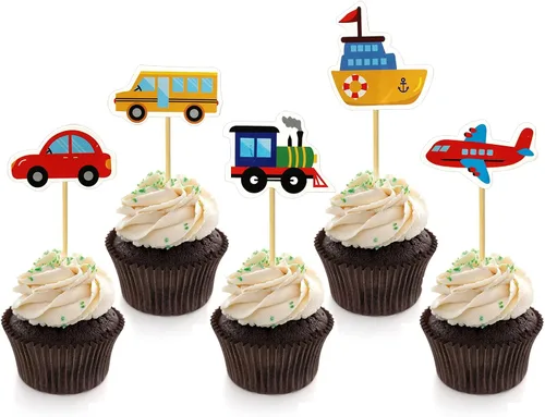 Paquete de 30 adornos para cupcakes de transporte, para automóvil, camión, tren, avión, barco, fiesta, decoración de tartas para niños, cumpleaños,
