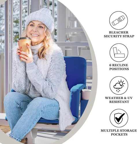 Miniatura 5 de Flash Furniture Asiento para estadio Malta con respaldo y asiento calefactados, 6 posiciones reclinables, silla portátil con correas de mochila, Azul
