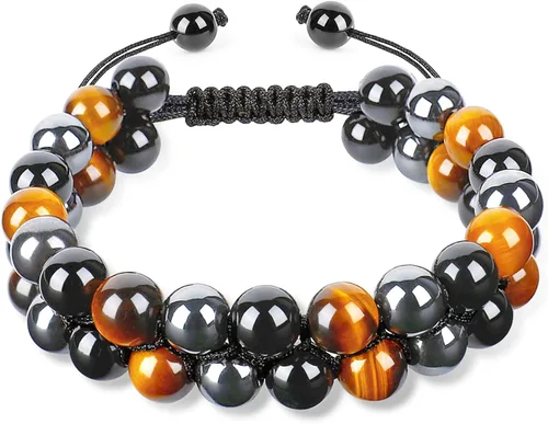 WEILNELL Pulsera de triple protección, ojo de tigre genuino, obsidiana negra y hematita de 0.315 in, pulsera de cuentas para hombres y mujeres,