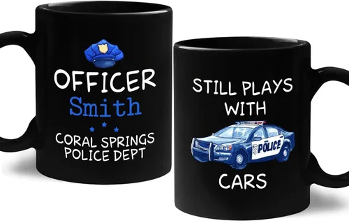 Miniatura 14 de Taza de café personalizada con nombre de la policía con nombre de la policía, con línea azul fina, 11 onzas y 15 onzas Taza negra de la bandera