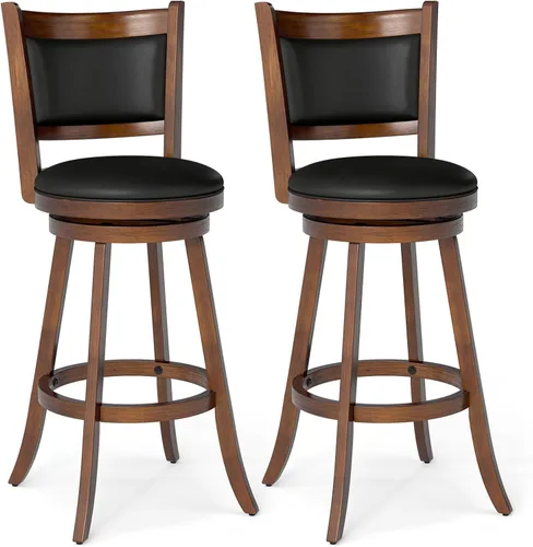 COSTWAY Juego de 2 taburetes de bar, giratorios de 360 grados, taburete giratorio de madera con acento de altura, diseño tapizado de cuero, asiento