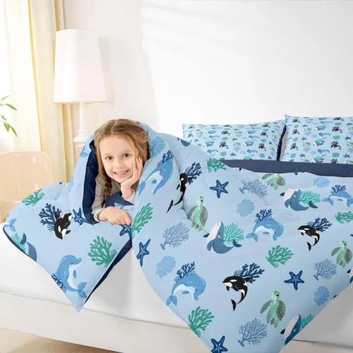 Miniatura 2 de Erosebridal Blue Ocean - Juego de edredón tamaño individual Juego de ropa de cama de ballena delfín y tortuga marina para niños y niñas, juego