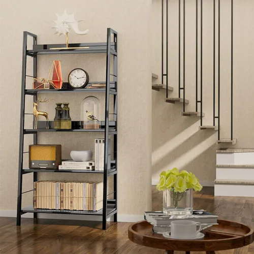Miniatura 7 de Himimi Estantería de escalera negra, estantería industrial de 5 estantes, estantería industrial de madera y metal, estante de flores para plantas