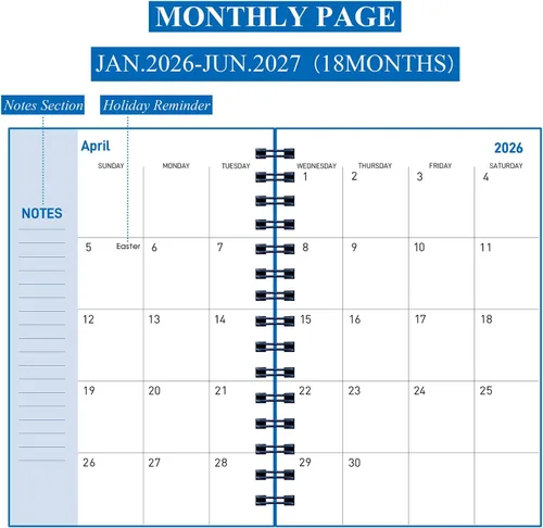 Miniatura 3 de Agenda diaria 2026-2027, agenda semanal y mensual 2026-2027, año académico, planificador calendario enero 2026-junio 2027, 8.2 x 5.5 pulgadas, 18