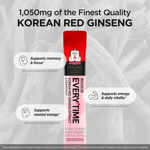 Miniatura 5 de JUNG KWAN JANG Everytime - Extracto de ginseng rojo coreano de 1,000 mg y pomelo – Bebida energética vegana – Sin cafeína, sin gluten, sin OMG, 0.34