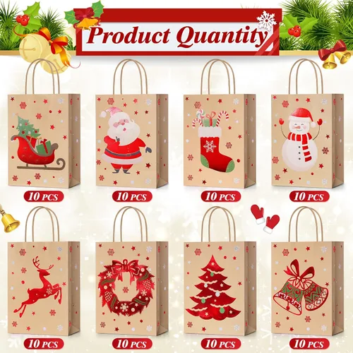 Miniatura 2 de Yeaqee 80 piezas - bolsas de regalo de Navidad - tamaño pequeño - Merry Christmas Xmas - bolsas de regalo de Navidad con asas - bolsas de papel