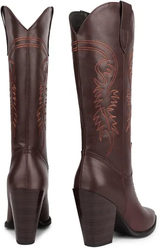 Miniatura 3 de ISNOM Botas vaqueras para mujer, botas occidentales bordadas con punta puntiaguda y tacón grueso