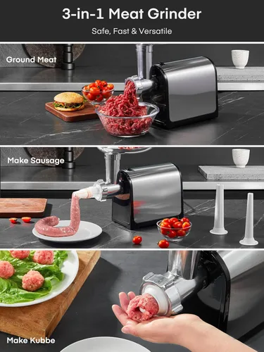 Miniatura 2 de HOUSNAT - Picadora de carne eléctrica, 3200 W máximo para uso doméstico, picadora de carne resistente 3 en 1 con 2 cuchillas y 3 platos, tubo