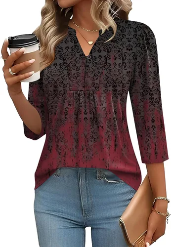 Miniatura 26 de IECCP Blusas de verano de manga 3/4 para mujer, estilo casual, cuello Henley, cuello en V, plisadas, ajuste holgado, blusas de trabajo