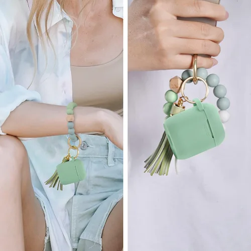 Miniatura 4 de Filoto Compatible con funda para Airpod, bonita funda 2/1 para mujer, funda protectora de silicona con llavero de pulsera (verde cactus)