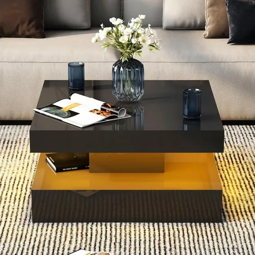 Miniatura 19 de HedoAjim Mesa de centro LED negra para sala de estar, mesa de sala de estar, mesas centrales cuadradas de 2 niveles, mesas de centro de madera