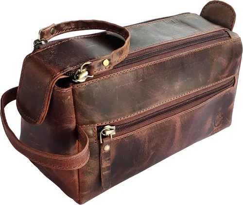 Miniatura 11 de Bolsa de cuero lavable Rustic Town para hombres - Neceser de viaje - Kit de afeitado y dopp kit organizador - Bolsa de maquillaje de cuero para Negro