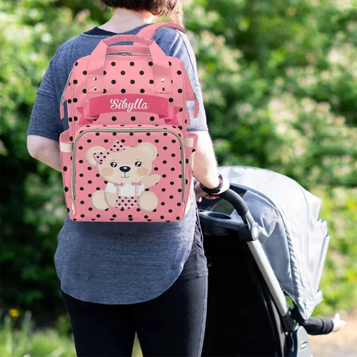 Miniatura 5 de Bolsa de pañales personalizada con nombre, bolsa de lactancia rosa personalizada con puntos negros, mochila impermeable de nailon para mujeres 1024-6