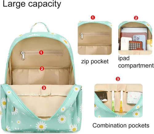 Miniatura 4 de LEDAOU Mini mochila para niñas, bonita mochila pequeña para mujeres, adolescentes, niños, escuela, viajes, bolso de hombro, Margarita blanca verde