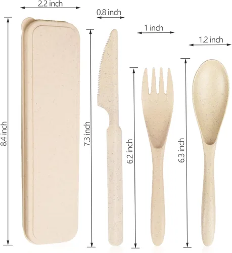 Miniatura 7 de YDYTOP Juego de utensilios de viaje reutilizables con estuche, cuchillo portátil de paja de trigo beige, tenedor, cucharas, vajilla, cubiertos