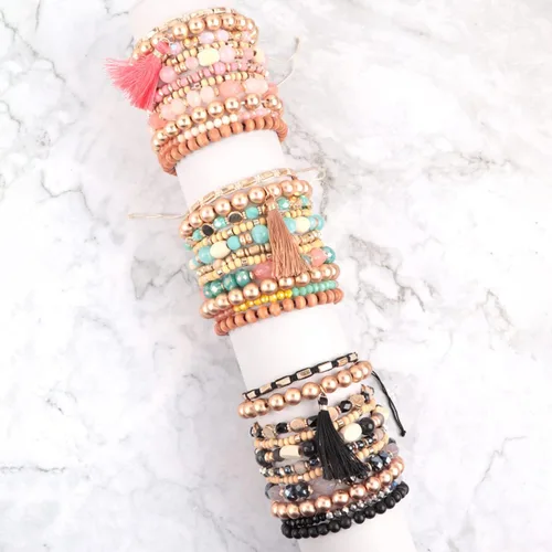 Miniatura 2 de RIAH FASHION Bohemian Multi-Layer Beaded Pendant Statement Stretch Strand Bracelet - Sparkly Bead Tassel Pom Pom Star Charm Stack Cuff Bangles
