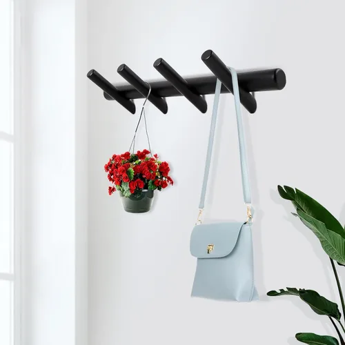 Miniatura 2 de KYSMOTIC Perchero de Pared Moderno de Madera - Montado en la Pared - Negro con 4 Ganchos de Madera - Para Colgar Ropa, Batas, Toallas, Sombreros
