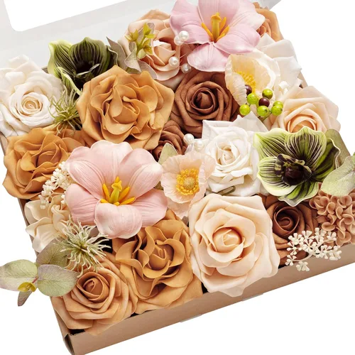 Miniatura 11 de Ling's moment Caja de Flores Falsas, Tallos de Vegetación Artificial Falsa Rosas de Espuma Dalia Hortensia de Seda Peonía Flor de Tela para Centros